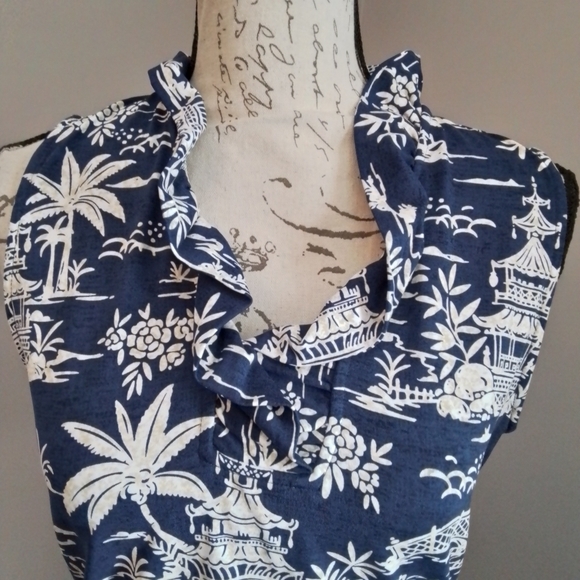 NWT J. McLaughlin Durham Navy & White Tongsai Palms Ruffle Neck Top - M - Picture 2 of 5